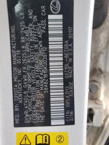 58ABZ1B15KU039712 - 2019 LEXUS ES 350 Biały zdjęcie 12