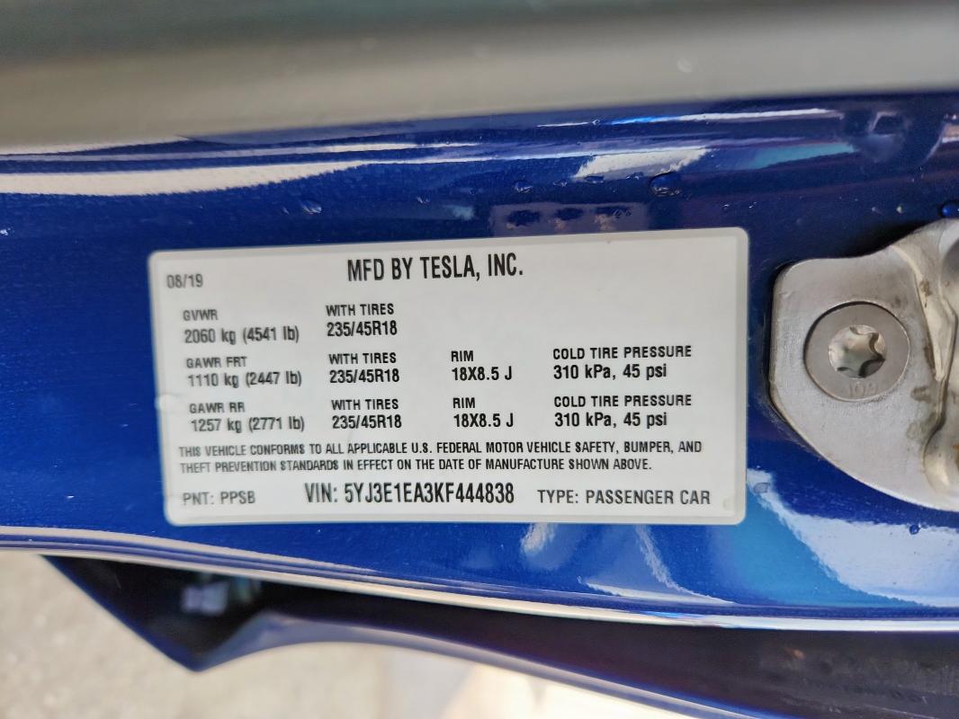5YJ3E1EA3KF444838 - 2019 TESLA MODEL 3 ლურჯი ფოტო 13