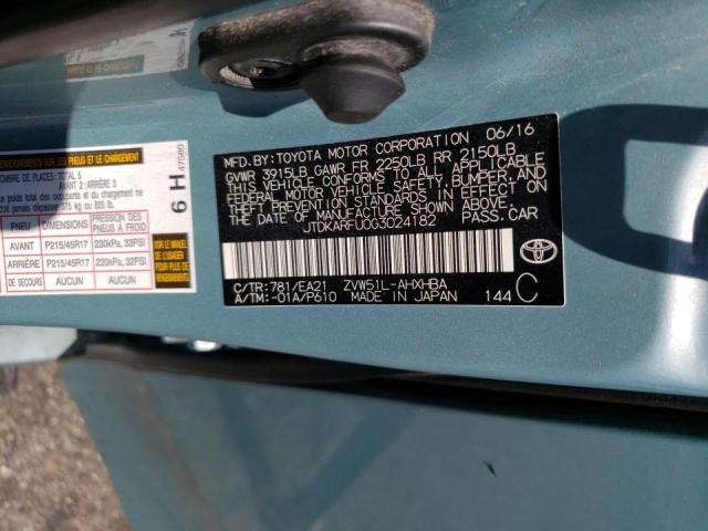 JTDKARFU0G3024182 - 2016 TOYOTA PRIUS TURQUOISE photo 12