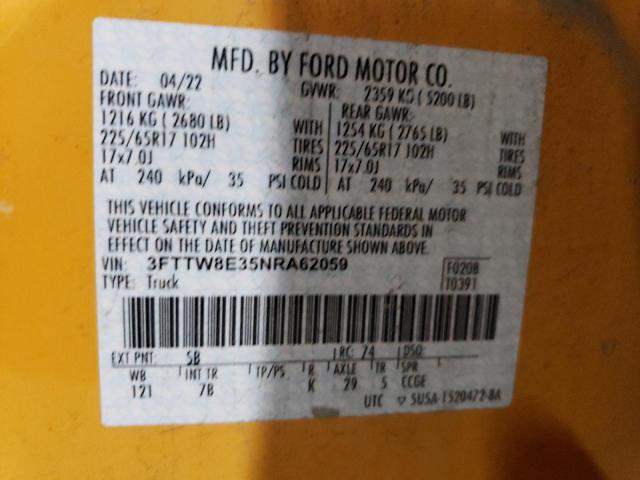 3FTTW8E35NRA62059 - 2022 FORD MAVERICK XL YELLOW photo 12