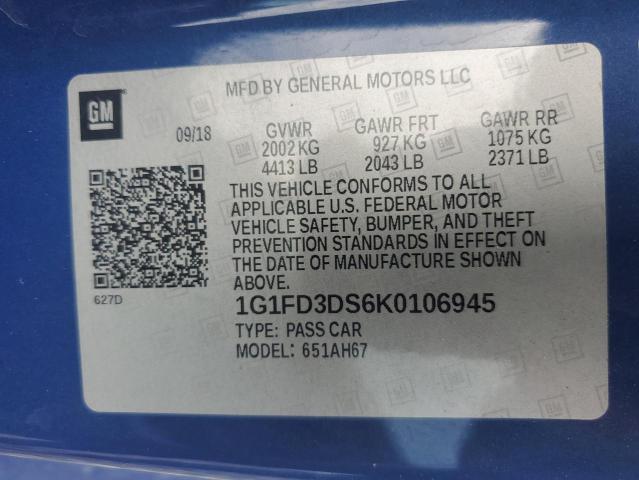 1G1FD3DS6K0106945 - 2019 CHEVROLET CAMARO LT أزرق صورة 13