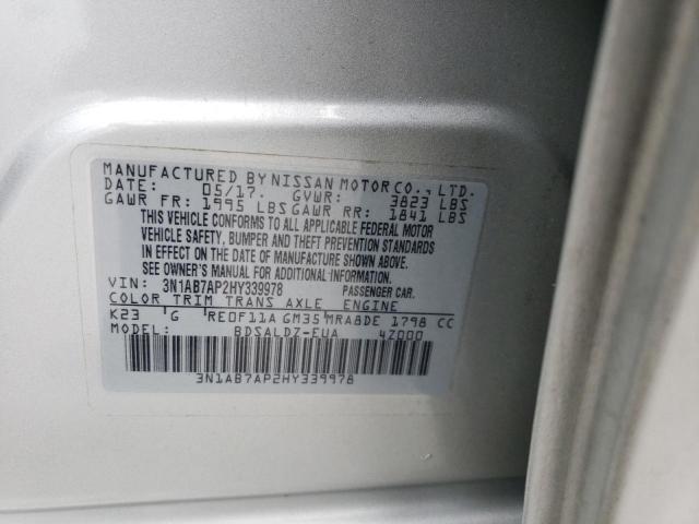 3N1AB7AP2HY339978 - 2017 NISSAN SENTRA S SILVER photo 12