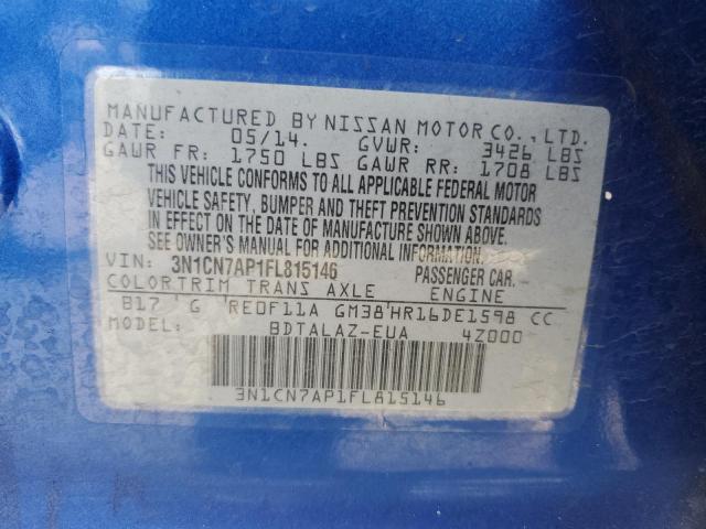 3N1CN7AP1FL815146 - 2015 NISSAN VERSA S BLUE photo 12