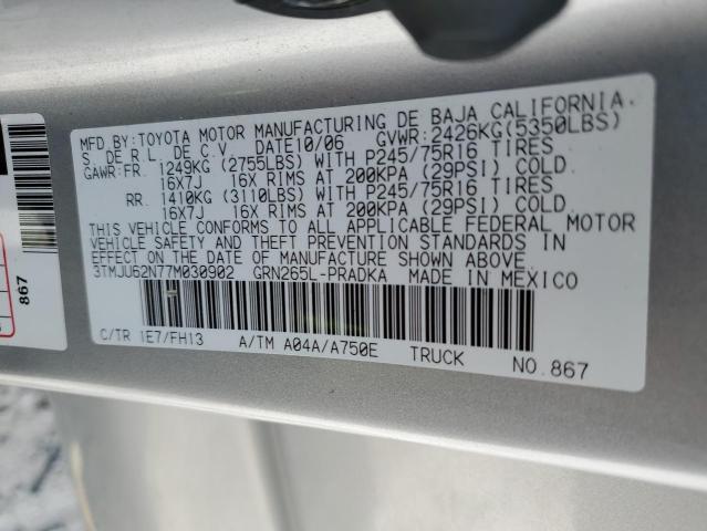 3TMJU62N77M030902 - 2007 TOYOTA TACOMA DOUBLE CAB PRERUNNER SILVER photo 12