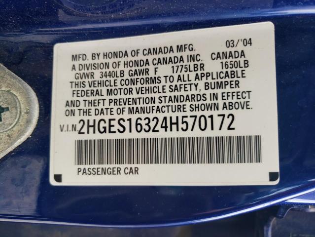 2HGES16324H570172 - 2004 HONDA CIVIC DX VP 蓝色 照片 12