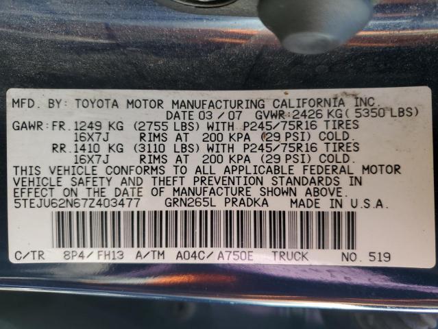 5TEJU62N67Z403477 - 2007 TOYOTA TACOMA DOUBLE CAB PRERUNNER BLUE photo 12