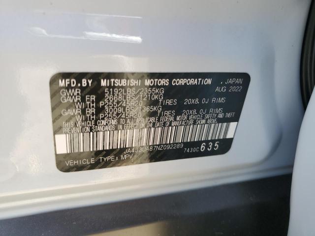 JA4J3UA87NZ092289 - 2022 MITSUBISHI OUTLANDER SE WHITE photo 13