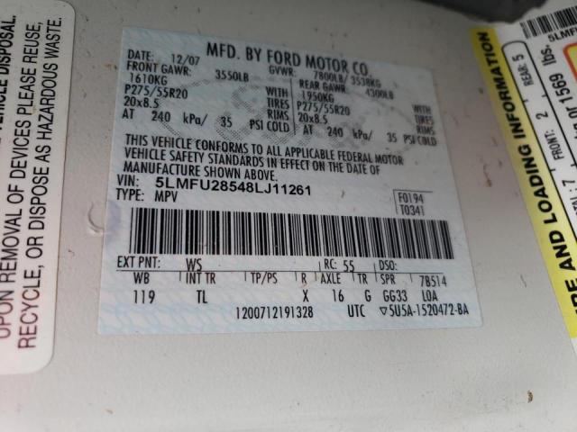 5LMFU28548LJ11261 - 2008 LINCOLN NAVIGATOR თეთრი ფოტო 13