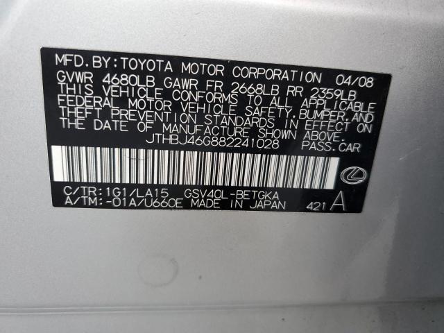 JTHBJ46G882241028 - 2008 LEXUS ES 350 SILVER photo 12