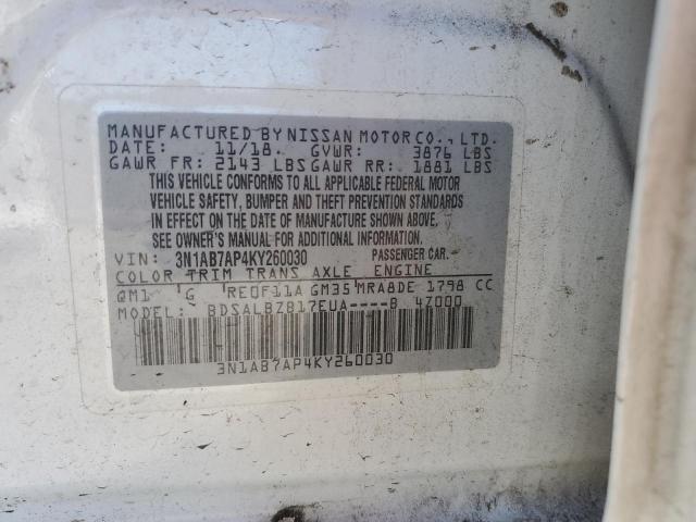 3N1AB7AP4KY260030 - 2019 NISSAN SENTRA S თეთრი ფოტო 12