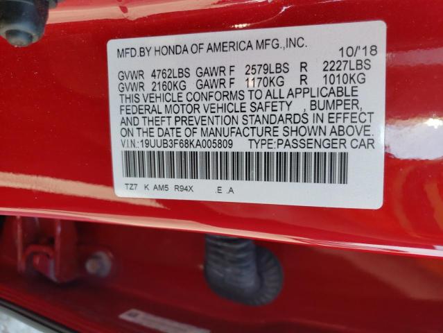 19UUB3F68KA005809 - 2019 ACURA TLX TECHNOLOGY 红色 照片 12