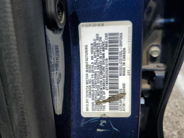 2T1KR32E23C015179 - 2003 TOYOTA COROLLA MA XR BLUE photo 13