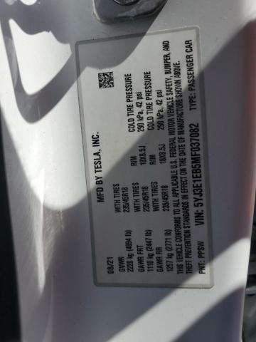 5YJ3E1EB5MF037082 - 2021 TESLA MODEL 3 თეთრი ფოტო 12