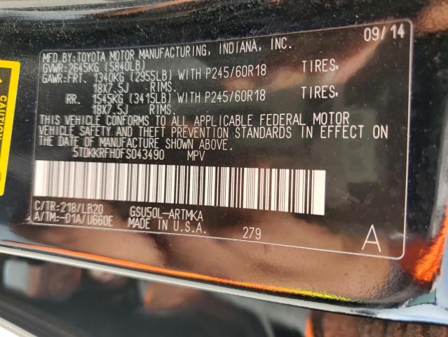 5TDKKRFH0FS043490 - 2015 TOYOTA HIGHLANDER XLE BLACK photo 13