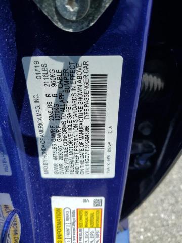 1HGCV1F38KA045966 - 2019 HONDA ACCORD SPORT ლურჯი ფოტო 12