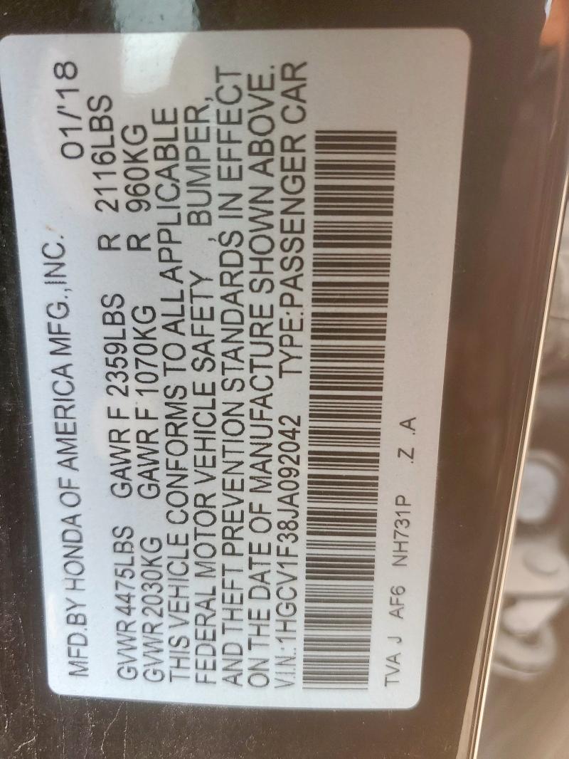 1HGCV1F38JA092042 - 2018 HONDA ACCORD SPORT 黑色 照片 12