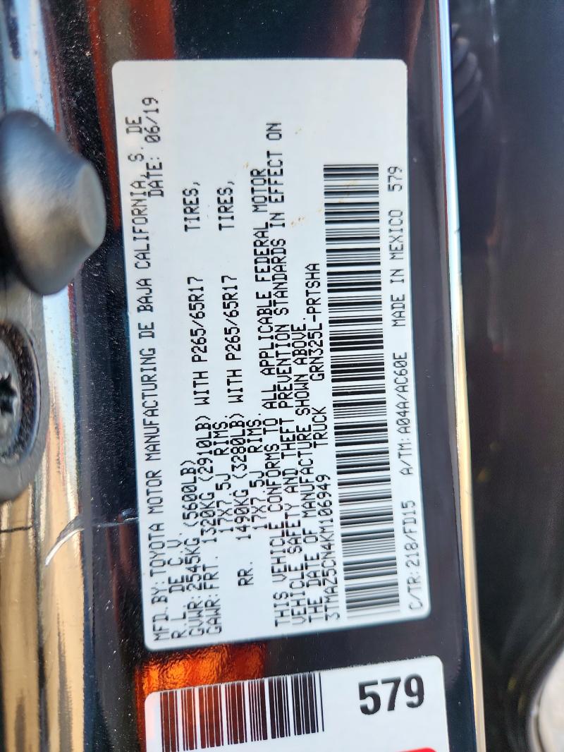 3TMAZ5CN4KM106949 - 2019 TOYOTA TACOMA DOUBLE CAB Чорний фото 12