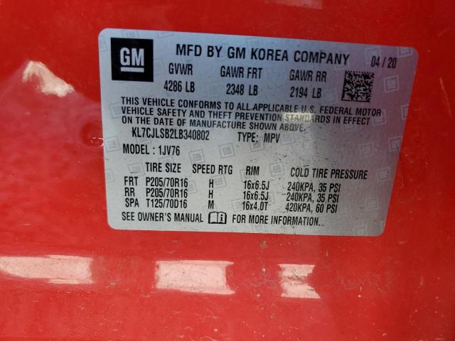 KL7CJLSB2LB340802 - 2020 CHEVROLET TRAX 1LT RED photo 13