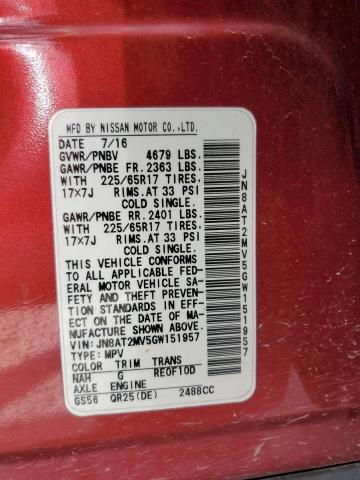 JN8AT2MV5GW151957 - 2016 NISSAN ROGUE S RED photo 13