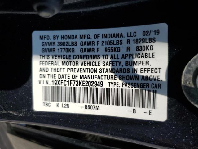 19XFC1F73KE202949 - 2019 HONDA CIVIC EXL BLUE photo 13