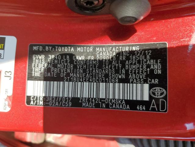 2T1BU4EE4DC011068 - 2013 TOYOTA COROLLA BASE RED photo 12