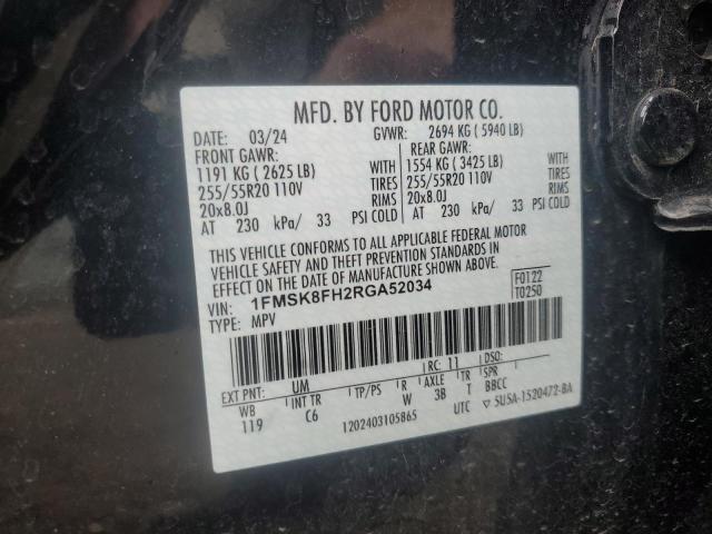 1FMSK8FH2RGA52034 - 2024 FORD EXPLORER LIMITED BLACK photo 14