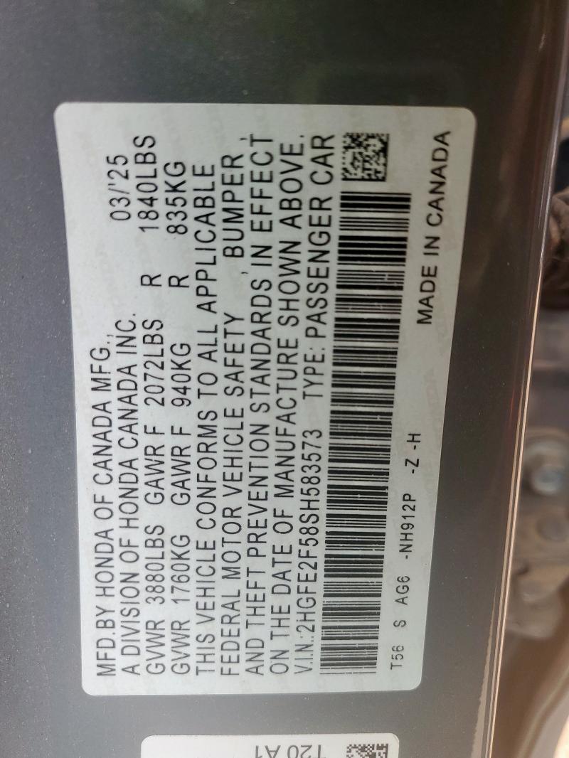 2HGFE2F58SH583573 - 2025 HONDA CIVIC SPORT Сұр фото 12