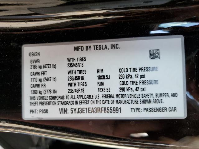 5YJ3E1EA3RF855991 - 2024 TESLA MODEL 3 BLACK photo 13