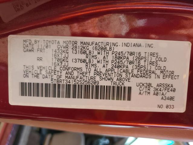 5TBRT34152S256209 - 2002 TOYOTA TUNDRA ACCESS CAB წითელი ფოტო 12