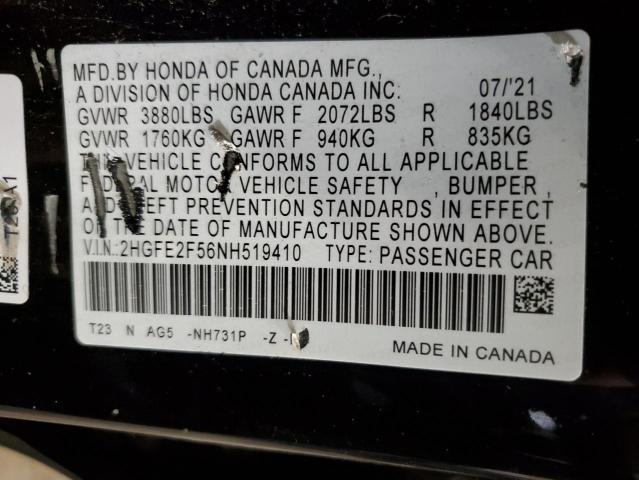 2HGFE2F56NH519410 - 2022 HONDA CIVIC SPORT BLACK photo 12