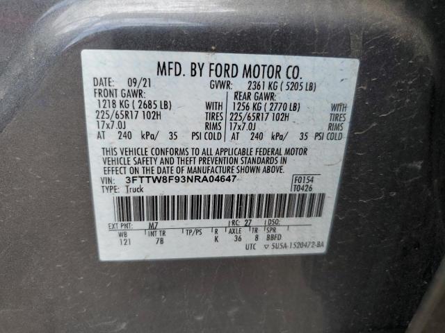 3FTTW8F93NRA04647 - 2022 FORD MAVERICK XL SILVER photo 12