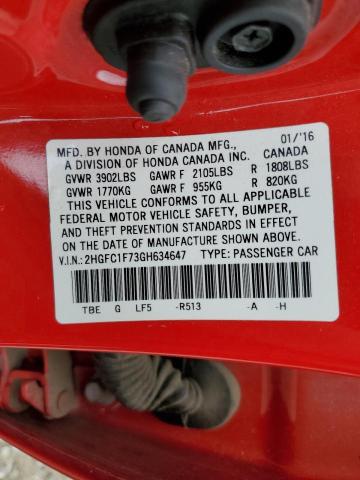 2HGFC1F73GH634647 - 2016 HONDA CIVIC EXL RED photo 12
