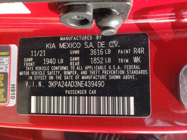 3KPA24AD3NE439490 - 2022 KIA RIO LX RED photo 12