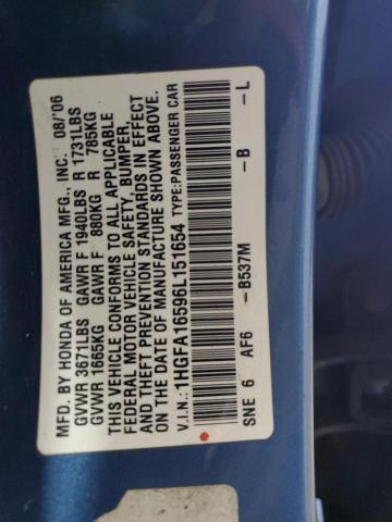 1HGFA16596L151654 - 2006 HONDA CIVIC LX ლურჯი ფოტო 12