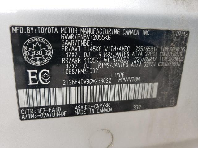 2T3BF4DV9CW236022 - 2012 TOYOTA RAV4 SILVER photo 13