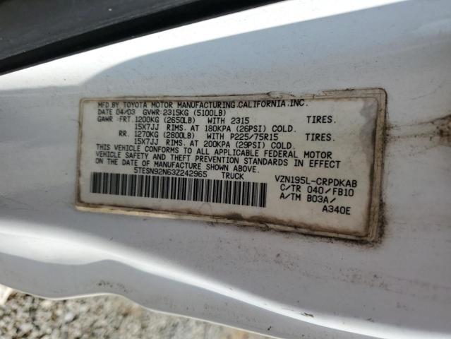 5TESN92N63Z242965 - 2003 TOYOTA TACOMA XTRACAB PRERUNNER თეთრი ფოტო 12