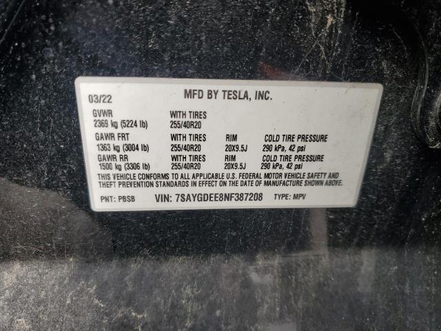 7SAYGDEE8NF387208 - 2022 TESLA MODEL Y Черный фото 12