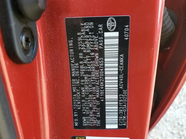 4T1BE46K27U047653 - 2007 TOYOTA CAMRY CE RED photo 12