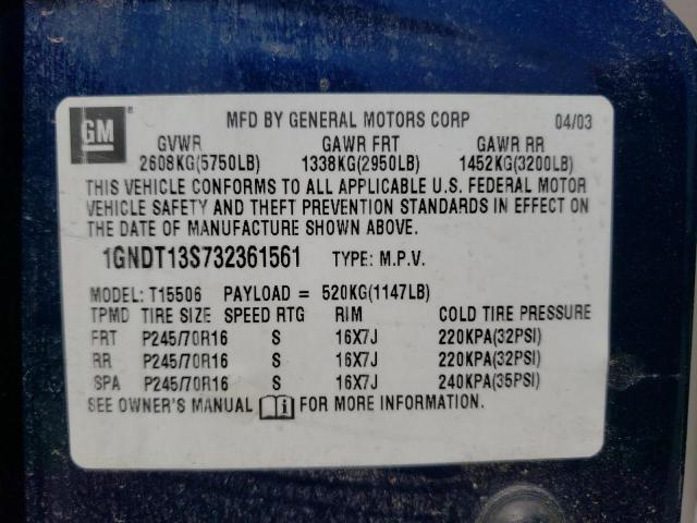 1GNDT13S732361561 - 2003 CHEVROLET TRAILBLAZE BLUE photo 13