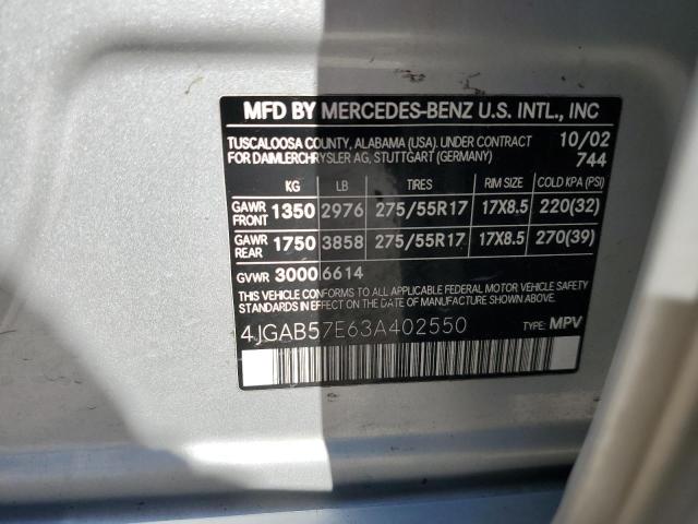 4JGAB57E63A402550 - 2003 MERCEDES-BENZ ML 350 SILVER photo 13