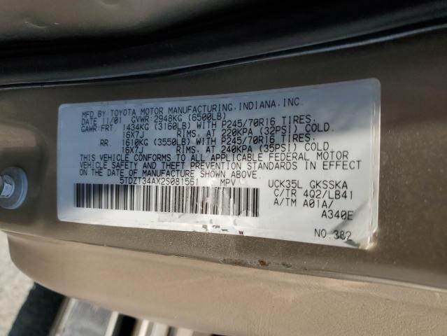 5TDZT34AX2S081561 - 2002 TOYOTA SEQUOIA SR5 GOLD photo 13