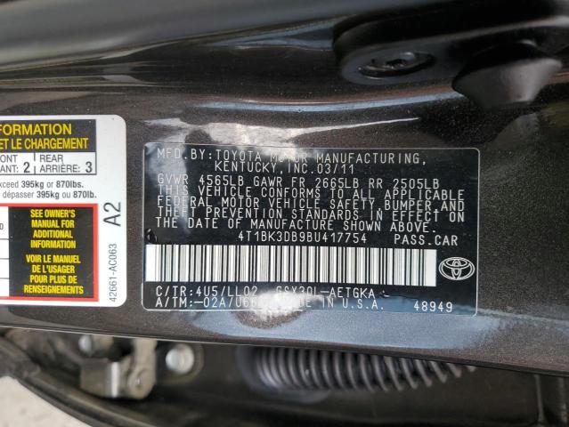 4T1BK3DB9BU417754 - 2011 TOYOTA AVALON BASE 黑色 照片 12