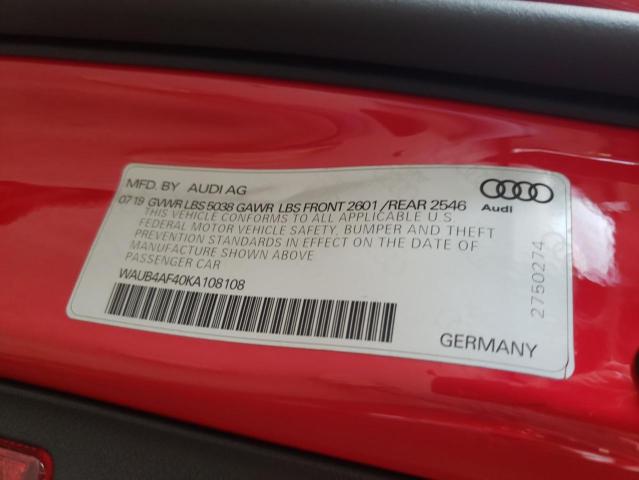 WAUB4AF40KA108108 - 2019 AUDI S4 PREMIUM PLUS RED photo 13