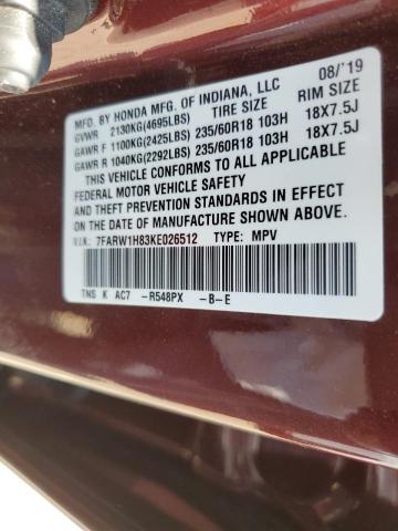 7FARW1H83KE026512 - 2019 HONDA CR-V EXL BURGUNDY photo 12