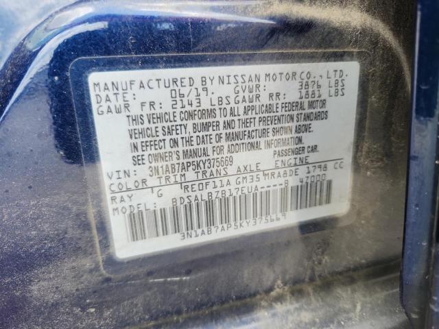 3N1AB7AP5KY375669 - 2019 NISSAN SENTRA S BLUE photo 13