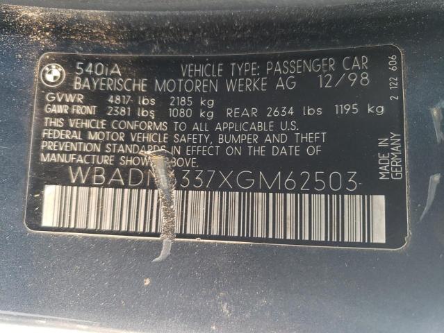 WBADN6337XGM62503 - 1999 BMW 540 I AUTOMATIC GRAY photo 12