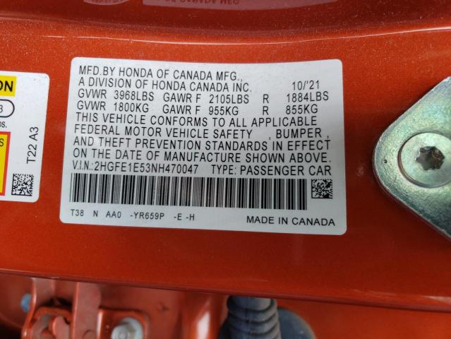 2HGFE1E53NH470047 - 2022 HONDA CIVIC SI ORANGE photo 12