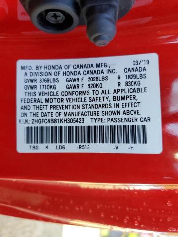 2HGFC4B81KH305423 - 2019 HONDA CIVIC SPORT 红色 照片 10