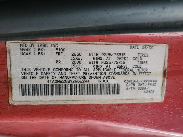 4TASM92N8YZ662244 - 2000 TOYOTA TACOMA XTRACAB PRERUNNER წითელი ფოტო 12