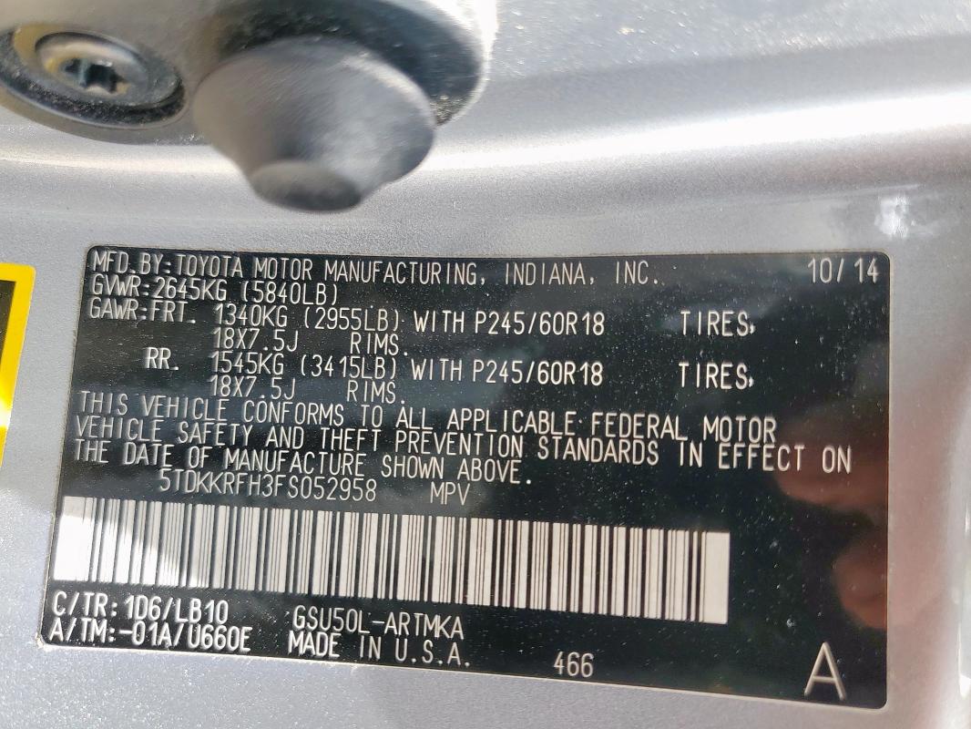 5TDKKRFH3FS052958 - 2015 TOYOTA HIGHLANDER XLE SILVER photo 14